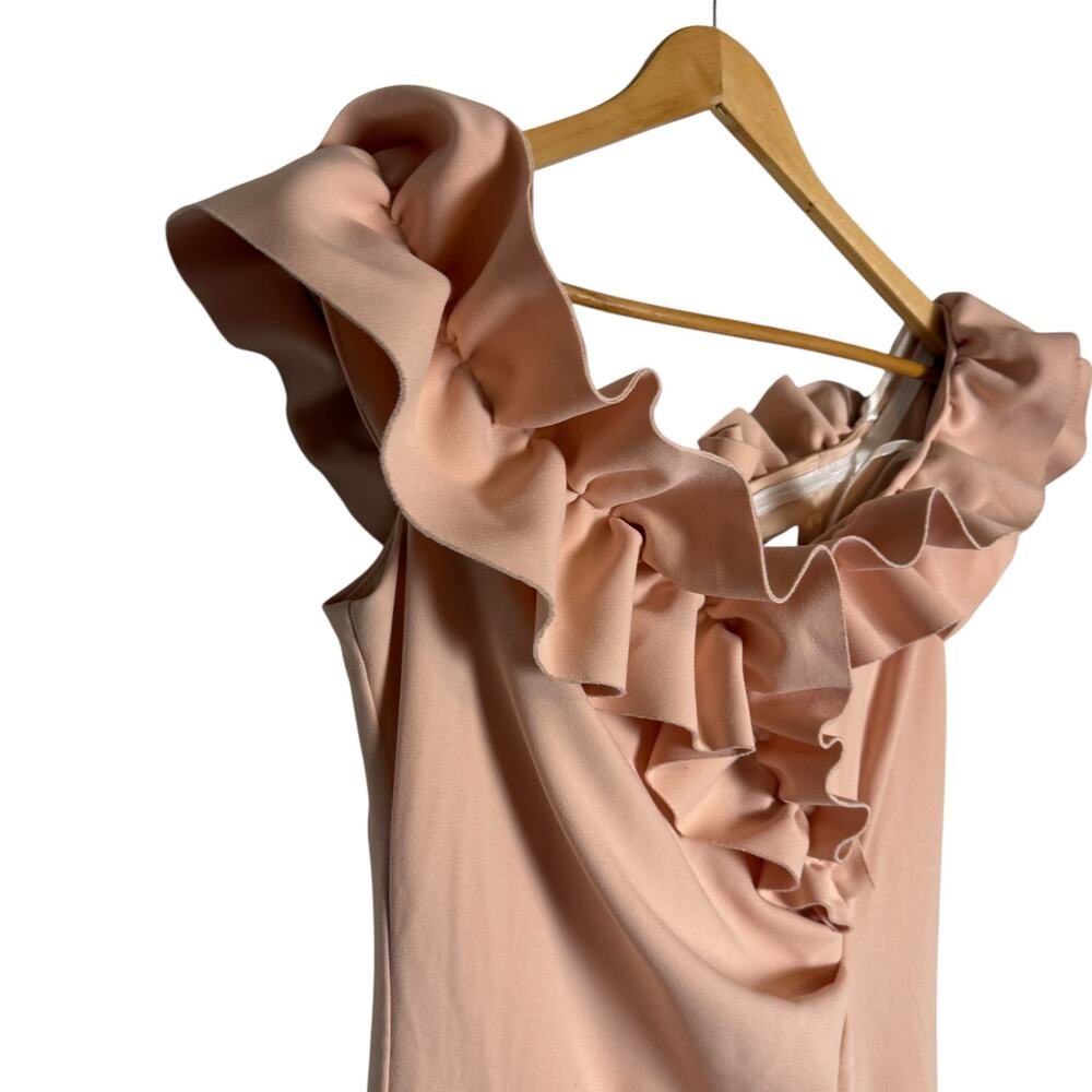 Xscape Blush Pink Long Stretch Scuba Crepe Ruffled Ruched Slit Formal Dress 14 - Picture 5 of 10